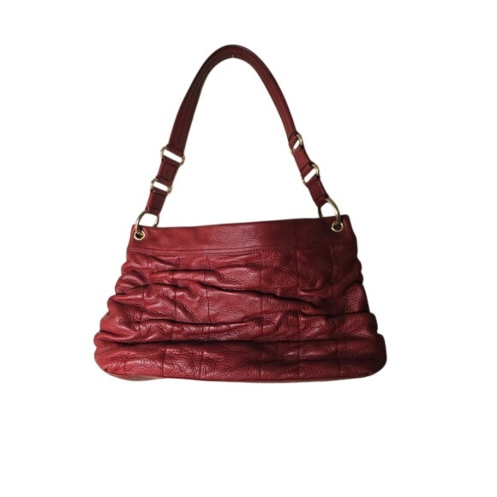 Cole Haan Shoulder Bag Womens Red Excellent Quilted Ruched Pebbled Leather Gold